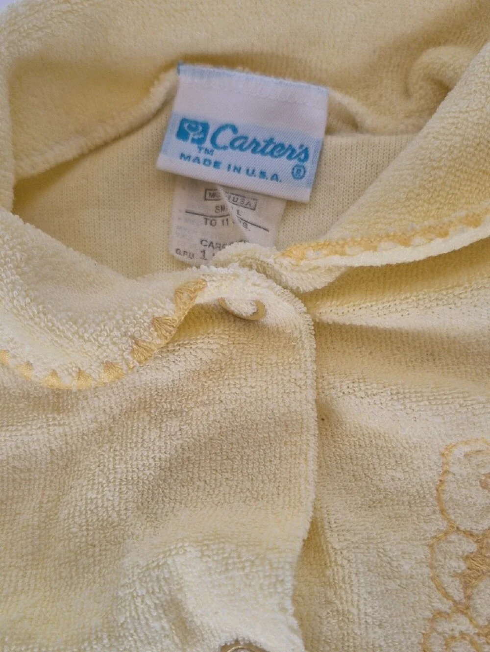 Carter's Pale Yellow Terry Newborn Footed One-Piece with Bear Embroidery